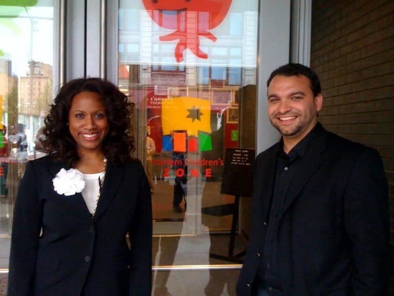 Ayanna Pressley and Felix Arroyo, Boston city councilors at large, at the Harlem Children's Zone in New York on Tuesday. (Adam Ragusea/WBUR)