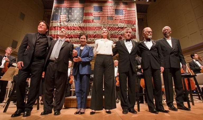 From left, Keith Lockhart, Peter Boyer, Lynn Ahrens, Cherry Jones, Robert De Niro, Ed Harris and Morgan Freeman at the &quot;Dream Lives On&quot; premiere Tuesday at Symphony Hall. (Micheal J. Lutch) (Click to enlarge)