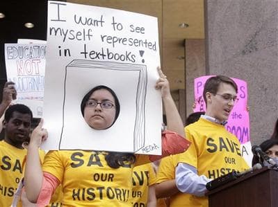 University of Texas students rally before a State Board of Education meeting in Austin, Texas, on March 10, 2010. Students marched to the public hearing to ask "the far-right, conservative faction of the state board to not inject their political agenda into the social studies and history curriculum." (AP)