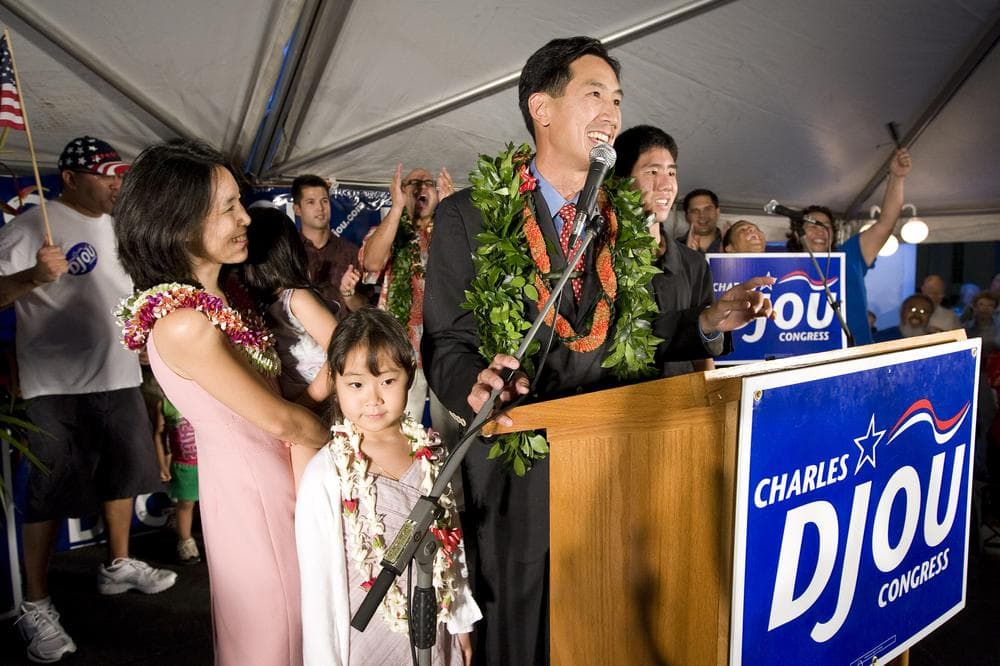 Republican Honolulu City Councilman Charles Djou addresses his supporters, Saturday in Honolulu. (AP Photo/Eugene Tanner)