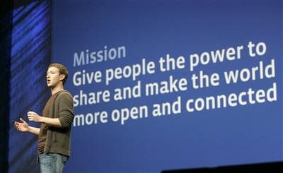  Mark Zuckerberg, founder and CEO of Facebook, delivers the keynote address during the annual Facebook f8 developer conference in San Francisco in 2008. (AP)