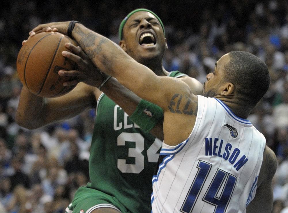 Orlando guard Jameer Nelson strips the ball from Boston forward Paul Pierce while going up for a shot during the second half in Game 5 of the NBA Eastern Conference finals in Orlando, Fla. on Wednesday. The Magic won 113-92. (AP)