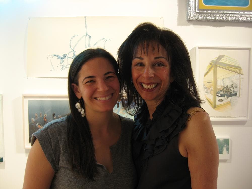 Judi Rotenberg and Abigail Ross Goodman, mother and daughter, together in the Judi Rotenberg gallery. (Andrea Shea/WBUR)