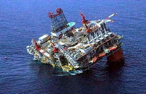 In this 2005 picture, British Petroleum’s Thunder Horse oil rig in the Gulf of Mexico is seen damaged following Hurricane Dennis. The platform was located 150 miles southeast of New Orleans. (AP)