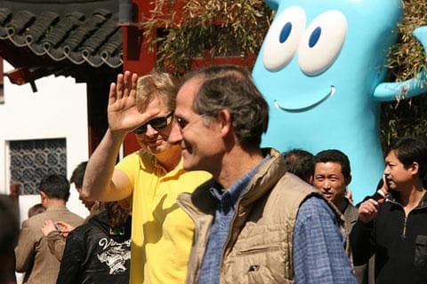 Tom Ashbrook, left, and David Westendorff, 2008, in Shanghai, during On Point&#039;s week of broadcasting from China. (WBUR) 