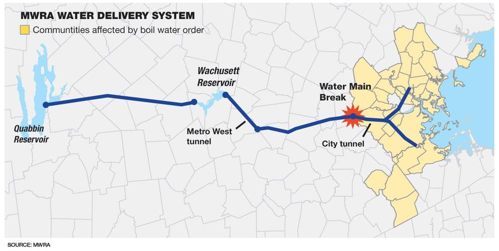 Map of the water delivery system and its breach (Jesse Costa/WBUR) (Click to enlarge)