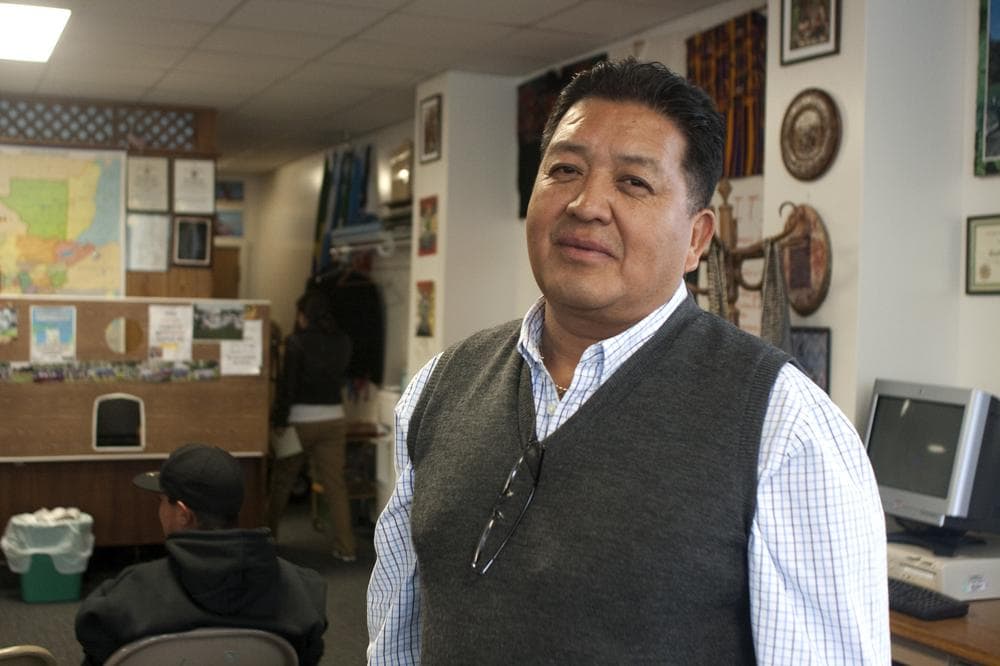 Anibal Lucas runs Organizacion Maya K'iche in New Bedford. He started it to teach kids the Maya K'iche language, but it's become the first place the immigrants go for legal help, English language classes and social gatherings. (Jess Bidgood for WBUR)