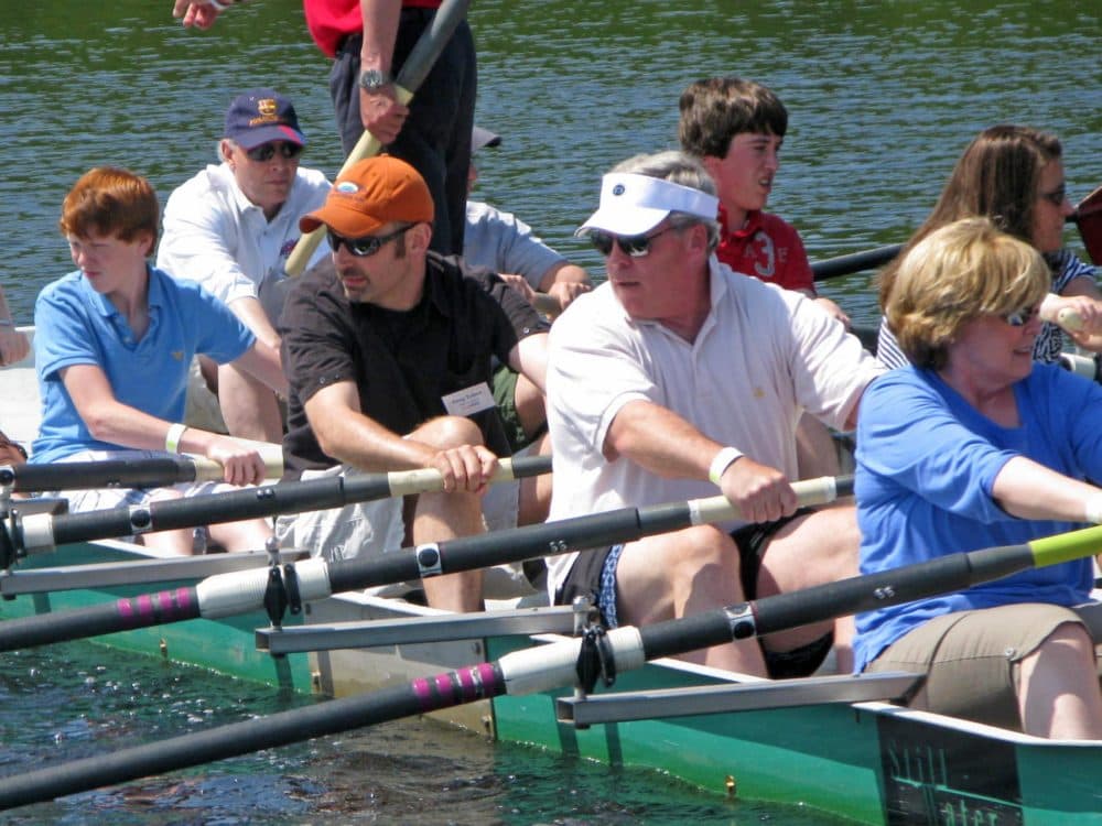 Bill Littlefield (blue hat) was the driving force behind Team OAG at the WBUR Regatta in Boston. (Photo by Audrey May)