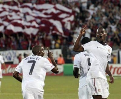 Maurice Edu (right) and DaMarcus Beasley (7) of the US national soccer team celebrate a goal during their friendly match against the Czech Republic on Tuesday. (AP Photo/Elise Amendola)