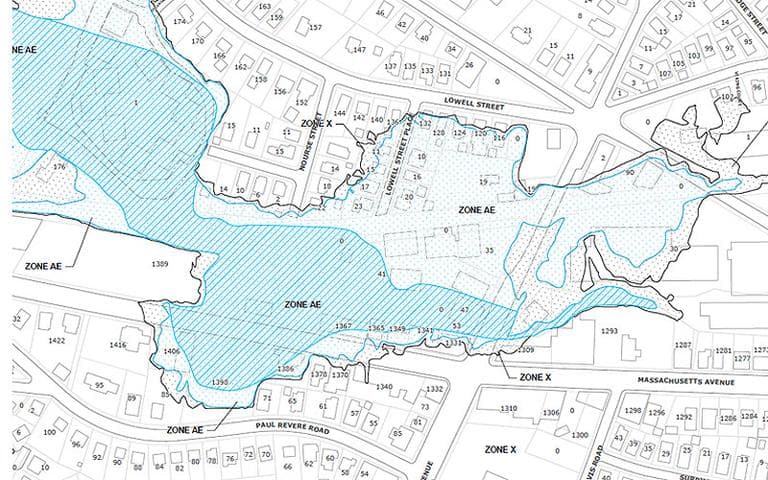 Click to enlarge: A screen shot of a flood zone map in Arlington&#39;s Section 5. The dotted blue-green spaces are &quot;special flood hazard areas.&quot; (Courtesy FEMA)