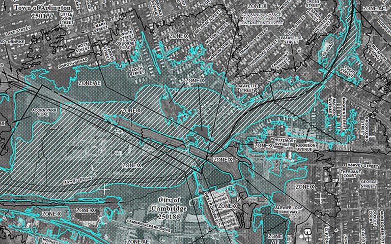 Click to enlarge: A screen shot of the newly established flood zone map in Cambridge, by the city&#39;s borders with Arlington and Somerville. The dotted blue-green spaces are the &quot;special flood hazard areas.&quot; (Courtesy FEMA)