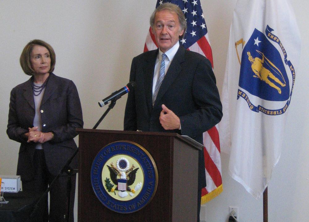 Rep. Edward Markey speaks about the effort to clean up the oil spill in the Gulf of Mexico, as Rep. Nancy Pelosi looks on. (Curt Nickish/WBUR)