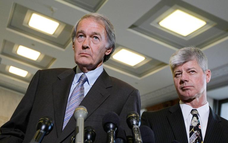 Rep. Ed Markey, D-Mass., left, and Rep. Bart Stupak, D-Mich., took questions on Capitol Hill on May 4, following a closed-door meeting with officials from Transocean, which owned the oil rig that exploded in the Gulf of Mexico, and with BP America, which was leasing the rig. (J. Scott Applewhite/AP)