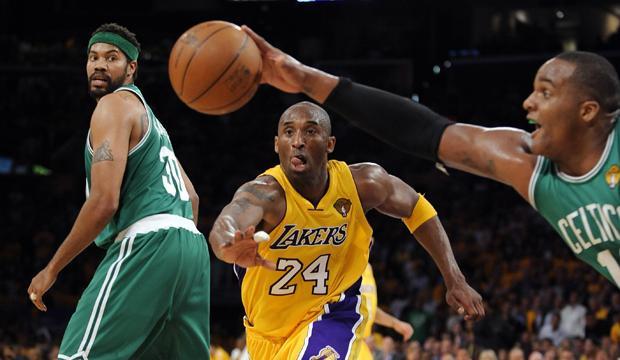 Boston forward Glen Davis and Los Angeles guard Kobe Bryant, go after a rebound as center Rasheed Wallace looks on during the second half in Game 1 of the NBA finals on Thursday in Los Angeles. (AP)