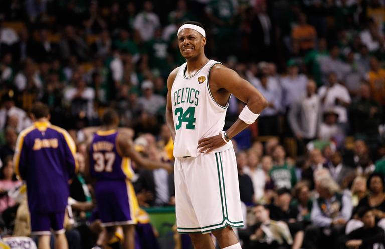 Boston Celtics forward Paul Pierce stands during Game 3 of the NBA Finals against the Los Angeles Lakers on Tuesday in Boston. (AP)