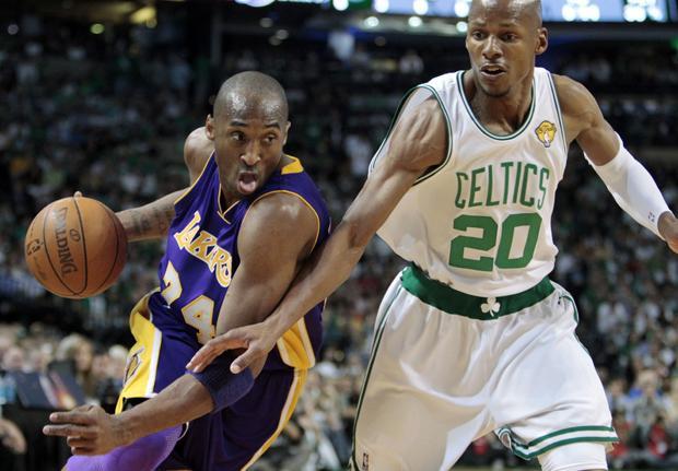 Los Angeles guard Kobe Bryant drives against Boston guard Ray Allen during Game 4 of the NBA Finals on Thursday in Boston. (AP)