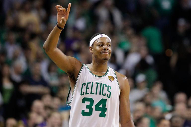Boston Celtics forward Paul Pierce celebrates during Game 5 of the NBA Finals on Sunday in Boston. (AP)