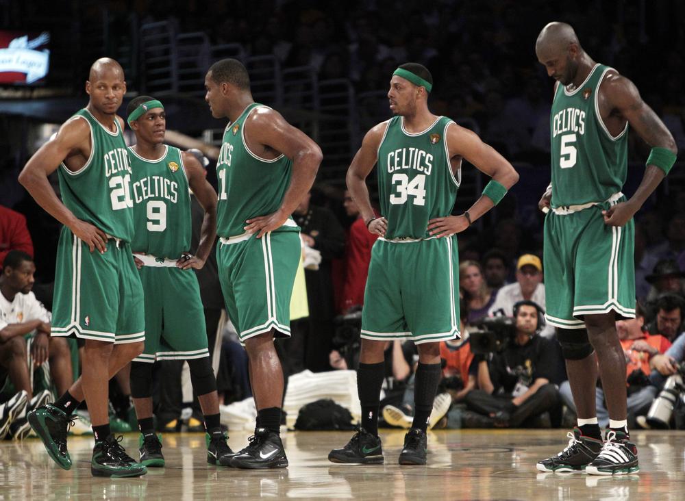 From left, Boston Celtics' Ray Allen, Rajon Rondo, Glen Davis, Paul Pierce and Kevin Garnett gather during a timeout in the second half of Game 6 of the NBA Finals. (Jae C. Hong/AP)