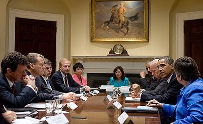 President Obama and Vice President Joe Biden meet with BP executives in the White House on Wednesday. (Pete Souza/White House)