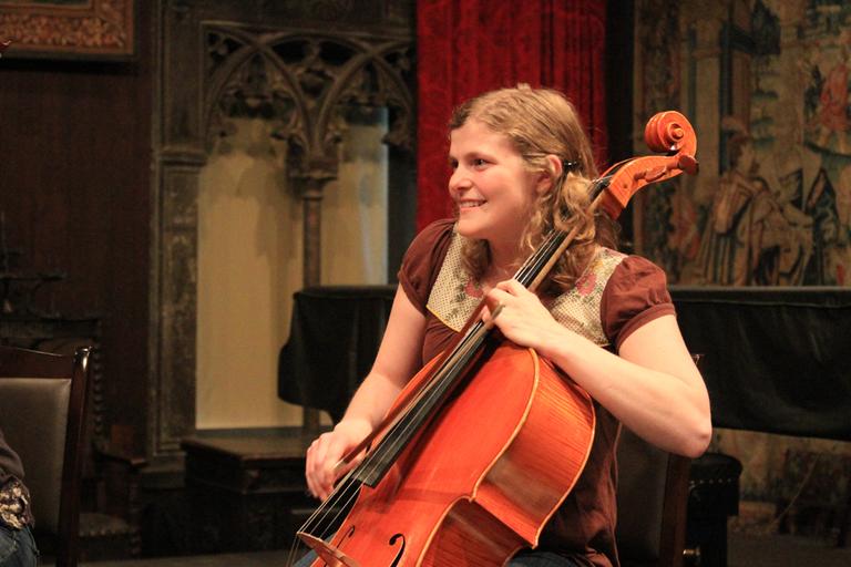 Liz Davis Maxfield plays cello for Chambergrass after spending a year studying the instrument on a Fulbright fellowship in Ireland. (Jeff Carpenter for WBUR)