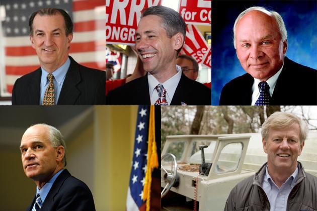 MAN IN THE MIDDLE: Clockwise from top left: Joe Malone (Courtesy of Joe Malone for Congress), Rep. Jeff Perry (AP), Ray Kasperowicz (Ray Kasperowicz for Congress), Sen. Robert O&#39;Leary (Robert O&#39;Leary for Congress) and Norfolk District Attorney William Keating (AP). Of the 10th district&#39;s remaining contenders, Perry is the frontrunner.