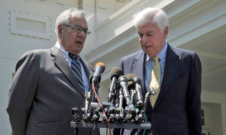 House Financial Services Committee Chairman Rep. Barney Frank (left) and Senate Banking Committee Chairman Sen. Christopher Dodd speak to the media about the financial overhaul in May.