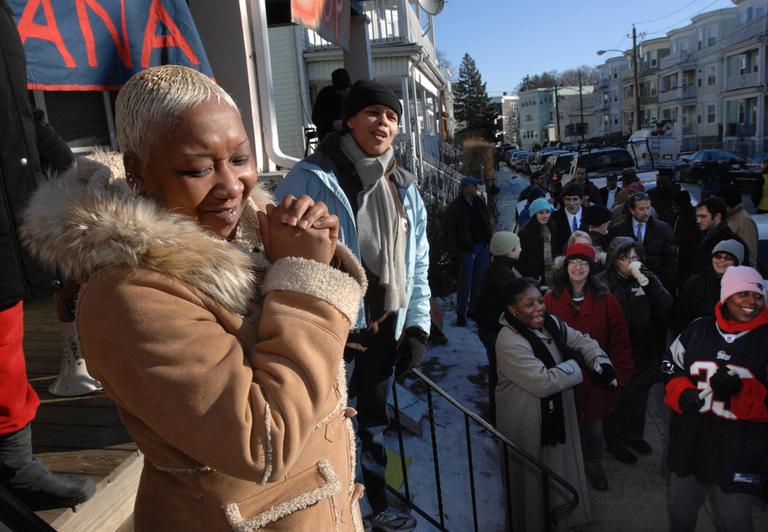 Melonie Griffiths, left, attends a City Life demonstration that successfully delayed her own eviction from her house in Dorchester in 2008. (AP)