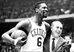 The Boston Celtics&#039; Bill Russell with coach &quot;Red&quot; Auerbach at the Boston Garden, 1964. (AP)