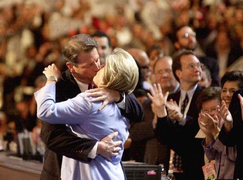 Al and Tipper Gore kiss on stage at the Democratic National Convention in Los Angeles in 2000. (AP)