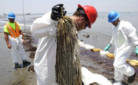 Workers collect snare booms used to remove oil washed ashore from the Deepwater Horizon spill in Belle Terre, La. (AP)
