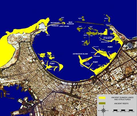After fourteen years of electronic probing and underwater archaeological exploration, the outline of the famous Portus Magnus (&quot;Great Port&quot;) and the sites of the main monuments have been clearly established. Here the land surface and ancient port infrastructures of the Portus Magnus have been projected onto a satellite image of modern Alexandria. (Credit: EarthSat NaturalVue; Franck Goddio/Hilti Foundation)
