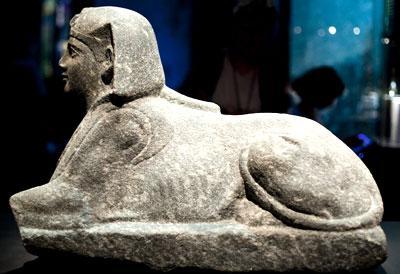 A sphinx made out of black granite, believed to represent Ptolemy XII, father of the famous Cleopatra VII. The sphinx was found during excavations in the ancient harbour of Alexandria. (Credit: The Franklin Institute; Franck Goddio/Hilti Foundation, photo: Jerome Delafosse)