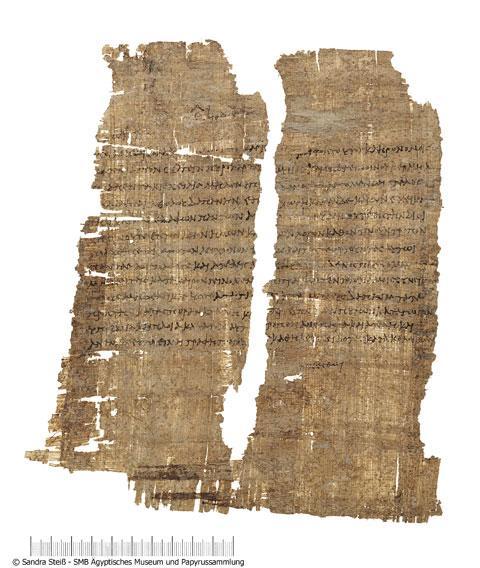 This papyrus document, signed by Cleopatra, grants tax exemption from sales of imported wine to the Roman businessman Publius Canidius, a friend of Mark Antony. The manuscript, intended for an official in the Egyptian bureaucracy, was prepared by a court scribe. At the bottom of the document, in a rare example of her handwriting, Cleopatra herself added the Greek word &quot;ginesthoi,&quot; &quot;make it happen.&quot; (Credit: Agyptisches Museum und Papyrussammlung)