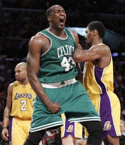 Boston Celtics center Kendrick Perkins (43) reacts after making a basket in the second half of the Celtics&#039; victory over the Los Angeles Lakers in February. Kobe Bryant sat out for this game with an injury, but the Celtics will have to find a way to stop him as the two teams face off in the NBA Finals. (AP Photo/Lori Shepler) 