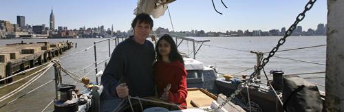 Reid Stowe and Soanya Ahmad stand aboard their 70 foot gaff-rigged Schooner Anne, Friday, April 20, 2007(AP)