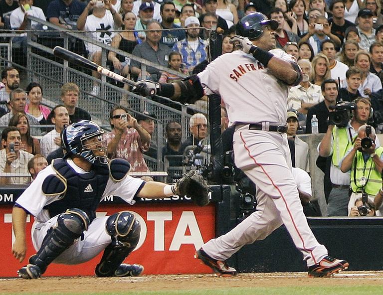 San Francisco Giants&#39; Barry Bonds watches a home run, his 755th, in August of 2007. With the hit, Bonds tied Hank Aaron&#39;s career home run record. (AP)