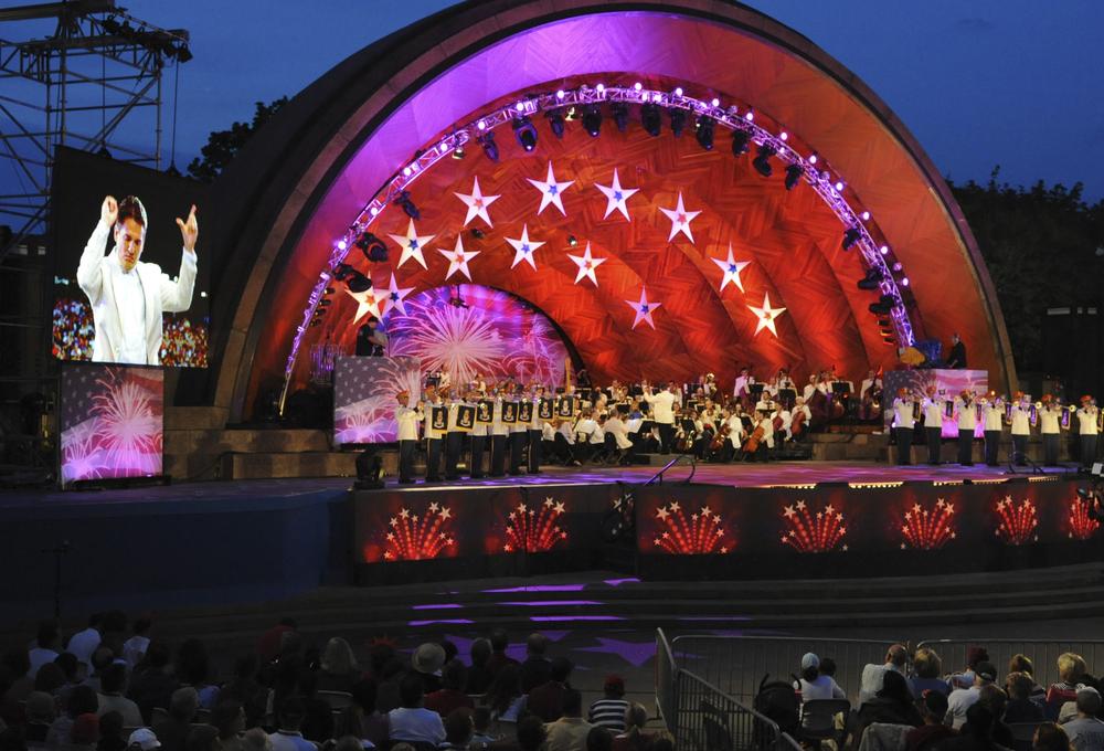 Keith Lockhart conducts the Boston Pops on the Esplanade, Friday, July 3, 2009 in Boston. (AP Photo/Lisa Poole)