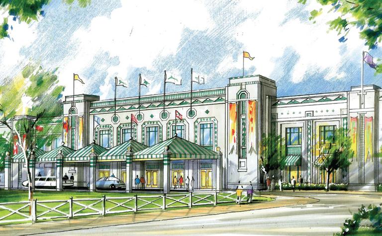 An artist’s rendition of the renovated entrance and grandstand at Suffolk Downs. (Courtesy Suffolk Downs)
