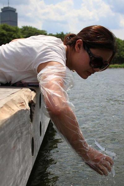 Northeastern University graduate student Xiaodan Ruan dips a sampling bottle into the Charles River. (Jeff Carpenter for WBUR)