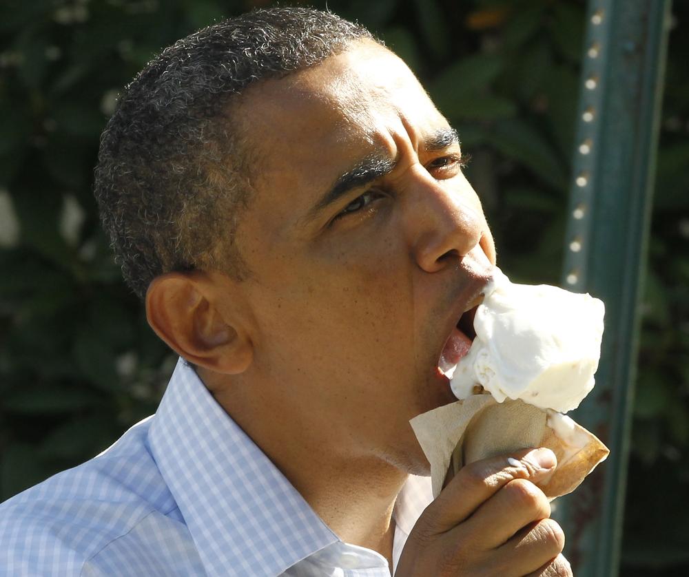 President Obama eats coconut ice cream during a visit to Mount Desert Island Ice Cream in Bar Harbor, Maine, on Friday. (AP)