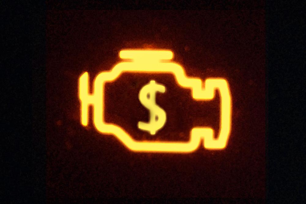 Check engine light with a dollar sign in the center