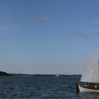 The boat sails through Boston Harbor. (Jess Bidgood for WBUR)