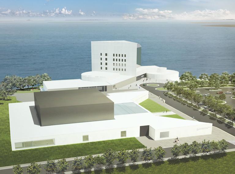 An aerial view of the proposed Edward M. Kennedy Institute (near), adjacent to the John F. Kennedy Presidential Library. (Courtesy of the Edward M. Kennedy Institute)