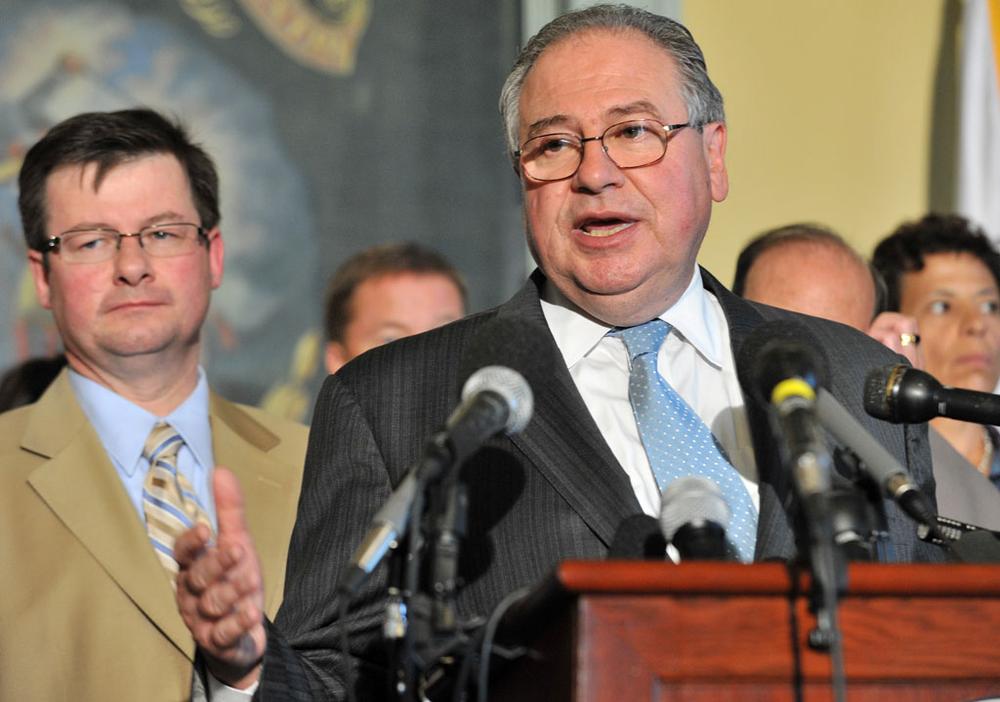 Speaker Robert DeLeo announced a bill approving the licensing of three casinos and two slot parlors at a news conference Friday at the State House. (Josh Reynolds/AP)