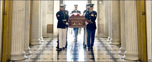 The flag-draped coffin of Sen. Robert Byrd passes through the Capitol in Washington, July 1, 2010. (AP)
