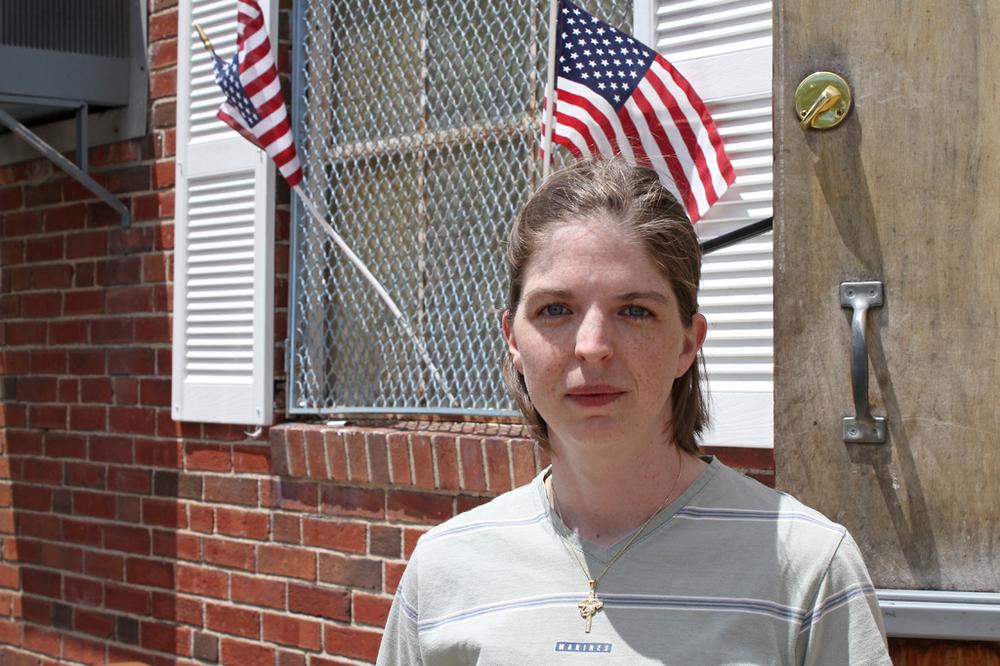 Liz Thompson, a Marine, joined an American Legion post in Watertown after returning from a tour of duty in Iraq. As a young woman, Thompson is a minority in an organization made up largely of older men. (Lisa Tobin/WBUR) 