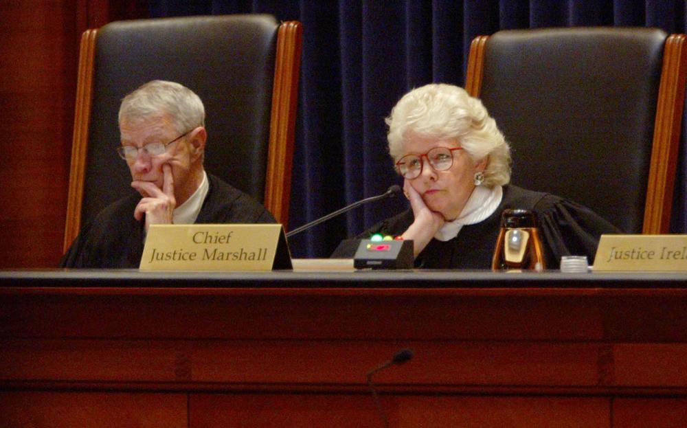 Margaret Marshall, chief justice of the Massachusetts Supreme Judicial Court, and Justice John Greaney, now retired, listen to lawyers' arguments May 4, 2006, in Boston. (AP)  