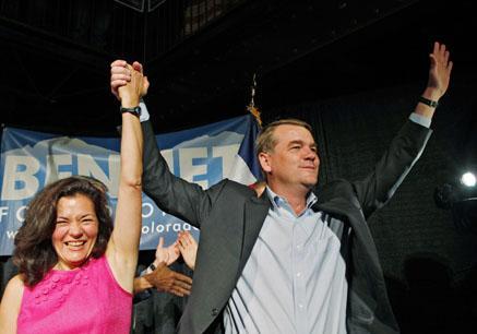 Senator Michael Bennet, D-Colo., celebrates after winning the Democratic primary in Colorado on Tuesday, Aug. 10, 2010. (AP)