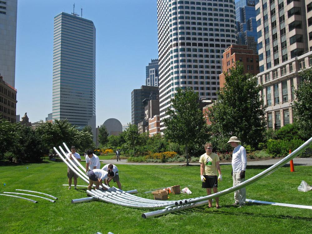Hansy Better designed the largest portable hammock ever constructed. It is being built on the Rose Kennedy Greenway. (WBUR)