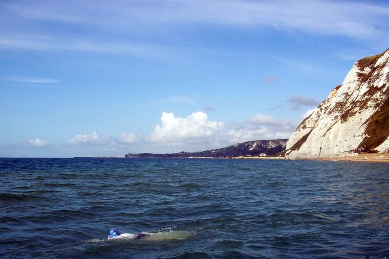 Elaine Howley leaves the cliffs of England during a swim in the English Channel. (Courtesy Elaine Howley
